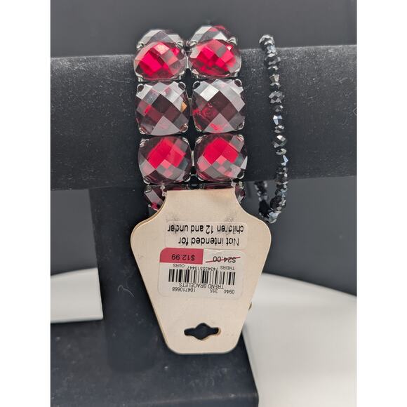 Lot of Six Red Black Metallic Rhinestone Beaded Stretch Bracelets - Picture 3 of 4